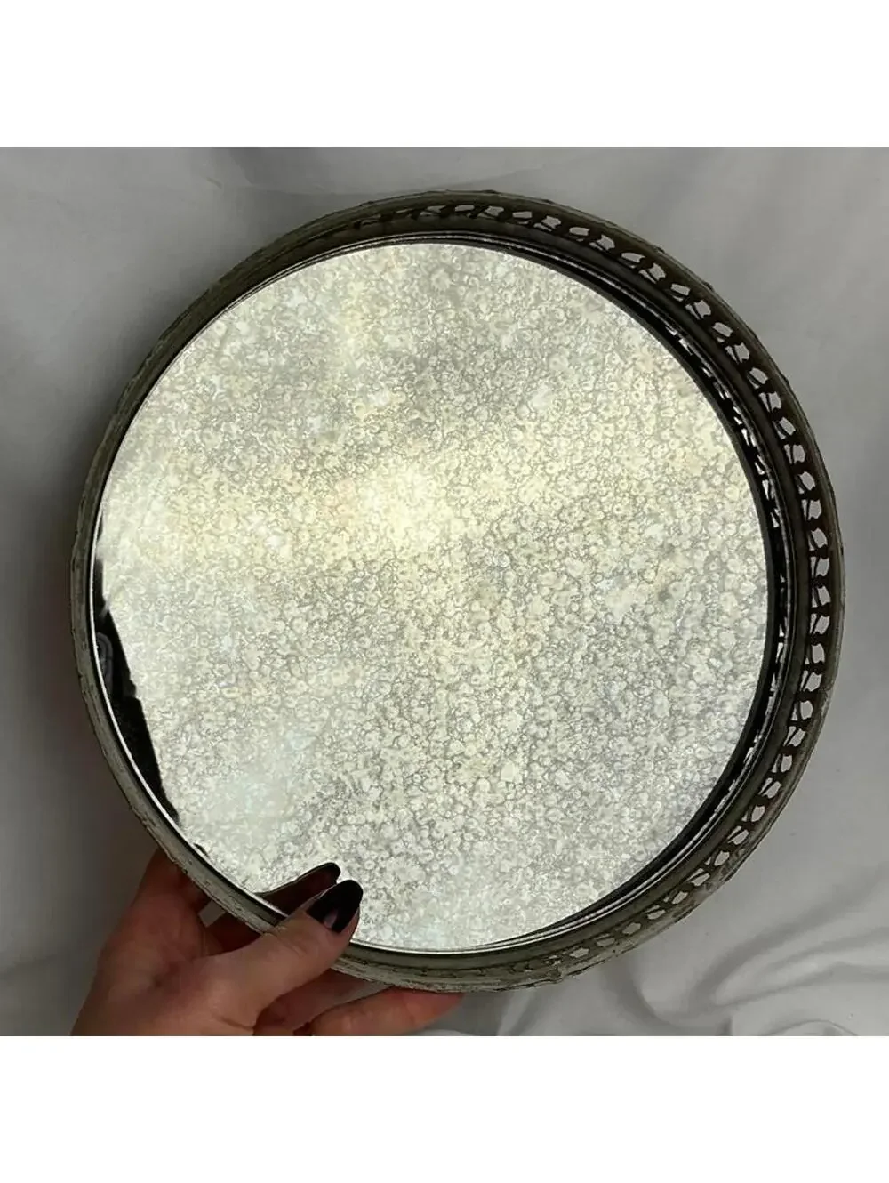 10” Vintage Vanity Antique Lattice Edge Gray Mirror Tray